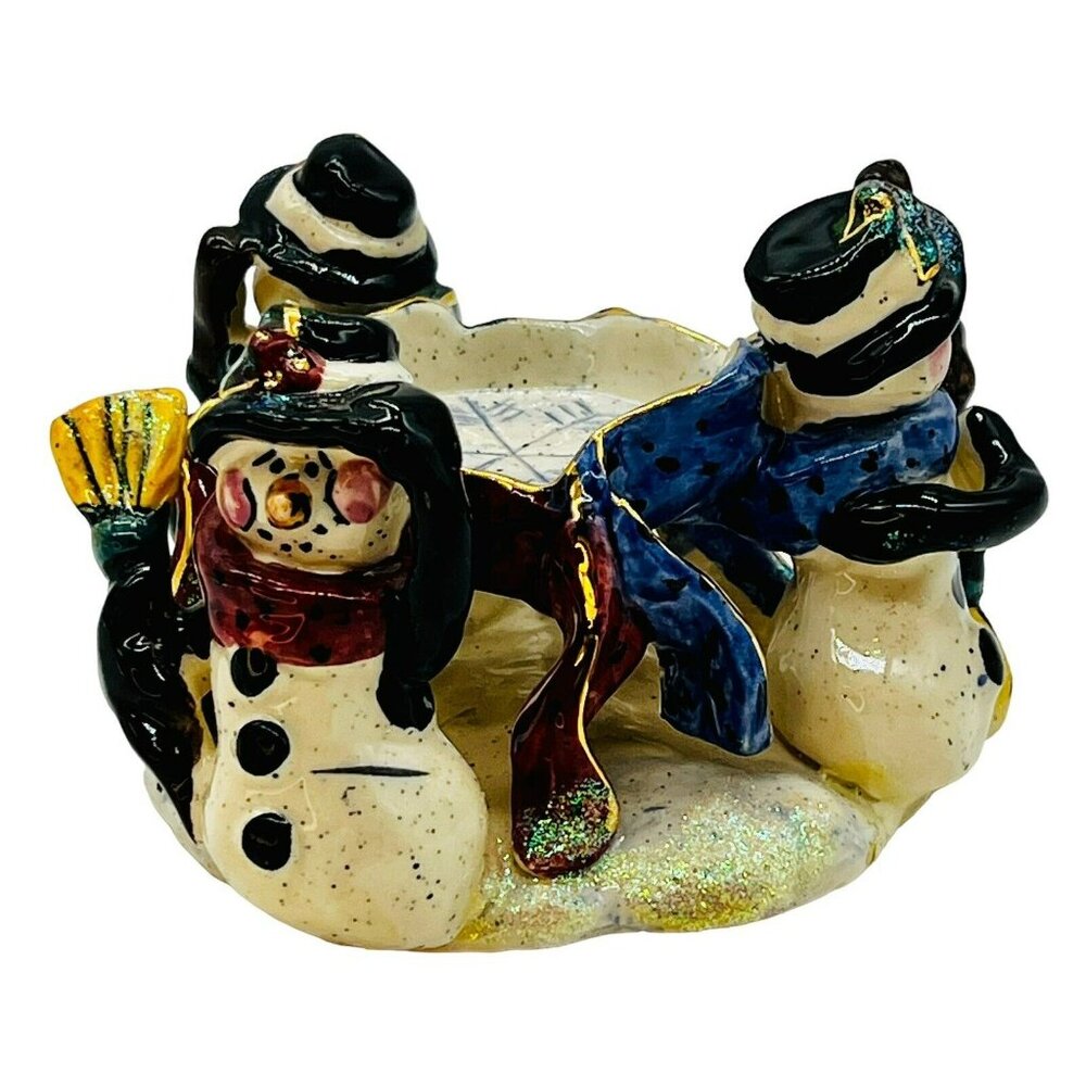 Blue Sky Heather Goldminc Tea Light Candle Holder Snowman Circle Trio 2001 3.5"
